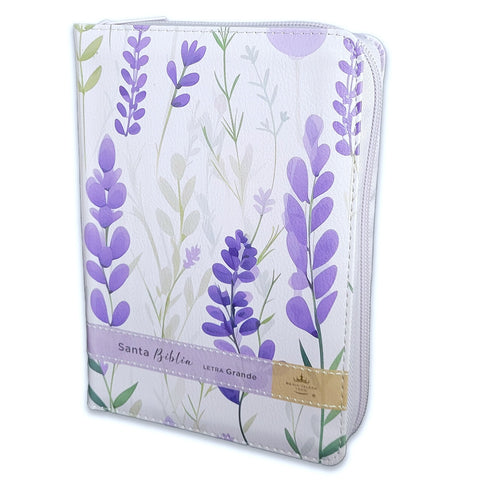 Biblia con Cierre Portátil 12 puntos RV1960, imit piel flores lila con índice y canto floral