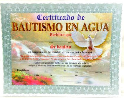 Certificado - Bautismo en agua (Paloma fondo rio) (paq. 15)