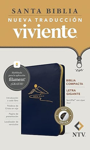 Biblia compacta NTV, letra gigante de zíper con Filament (SentiPiel, Azul, Índice, Letra Roja)