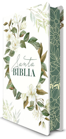 Biblia RVR 1960 letra grande tamaño manual, tapa dura con flores blancas y cantos pintados