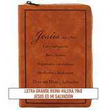 Biblia Reina Valera 1960 Letra Grande, con cierre, indice, foro en senti cuero en color Caramelo tamano manual, Edicion Especial "Jesus es mi Savacion"