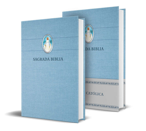 Biblia Católica en español. Tapa dura azul, con Virgen Milagrosa en cubierta