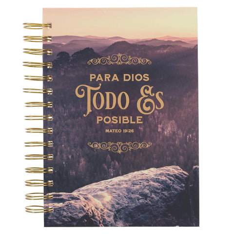 Diario grande anillado de alambre con vista de montañas «Todo es posible» - Mateo 19:26