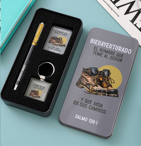 Pack bolígrafo, llavero y tarjeta en caja metálica. Bienaventurado el hombre