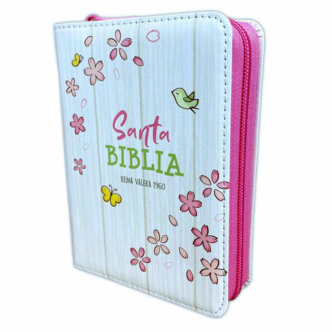 Biblia de Bolsillo RV1960, imit. piel blanco y pétalos