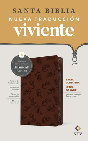 Biblia ultrafina NTV, letra grande de zíper con Filament (SentiPiel, Palmera café, Letra Roja)