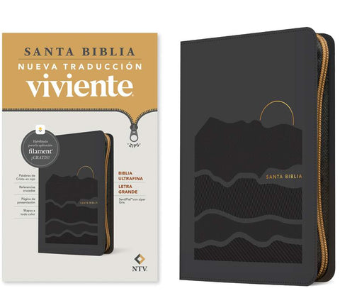 Biblia ultrafina NTV, letra grande de zíper con Filament (SentiPiel, Gris, Letra Roja)