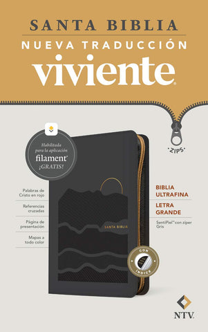 Biblia ultrafina NTV, letra grande de zíper con Filament (SentiPiel, Gris, Índice, Letra Roja)