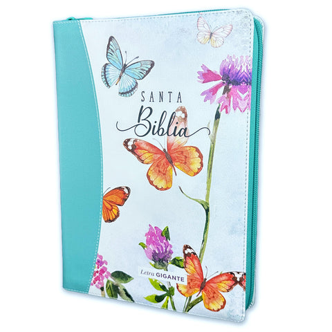 Biblia con Cierre Letra Gigante 15 puntos RV1960 imi duotono turquesa floral y mariposas con índice