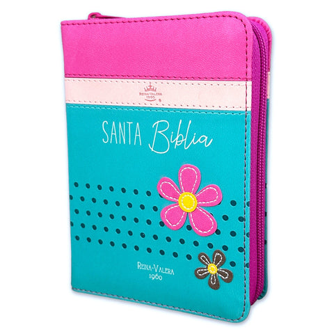 Biblia Reina Valera 1960 de bolsillo Imitación Piel Primor Fucsia/Rosa/Turquesa con flores