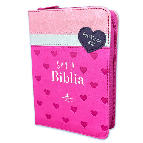 Biblia Reina Valera 1960 de bolsillo Imitación Piel Primor Fucsia/Blanco/Rosa con corazones