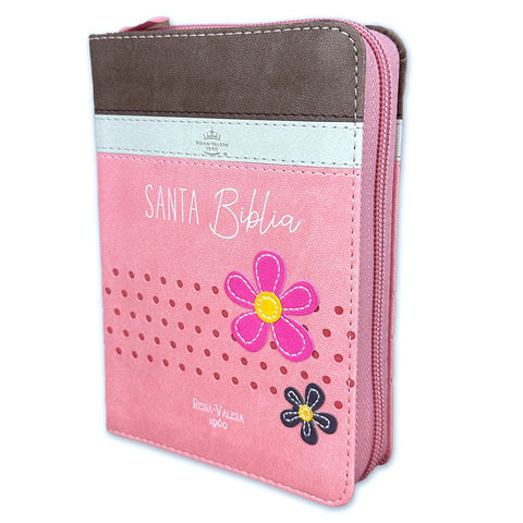 Biblia de Bolsillo con Cierre RV1960 imit café/beige/rosa con flores