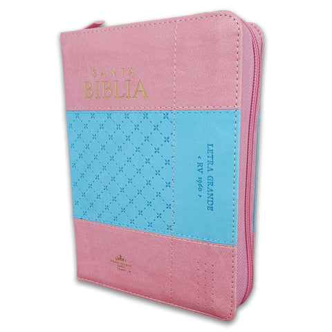 Biblia con Cierre Portátil 12 puntos RV1960, imit piel rosa y azul con índice
