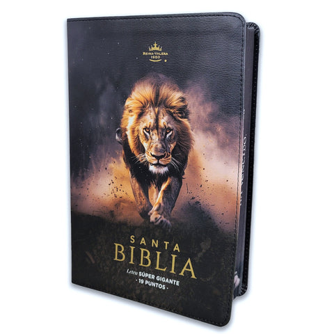 Biblia Letra Súper Gigante Manual 19 puntos RV1960 imit piel negro león y canto con mensaje