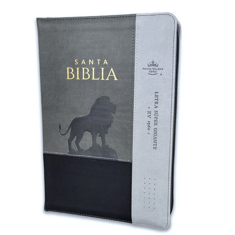 Biblia RV60 con Índice/Letra Súper Gigante 19 puntos/Tamaño manual, con zíper e índice, Inspiración León Negro/Gris