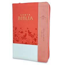 Biblia con Cierre Letra Grande 12 puntos para Mujer RV1960 imit piel blanco y coral pájaros con índice