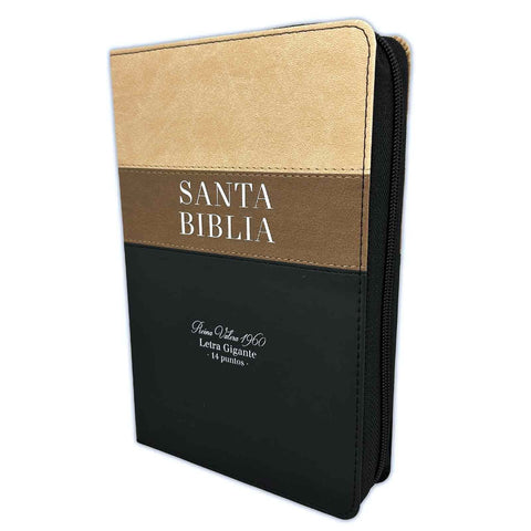 Biblia Rv 1960 Letra Gigante 14 Puntos Tricolor  Beige Café Negro con Cierre