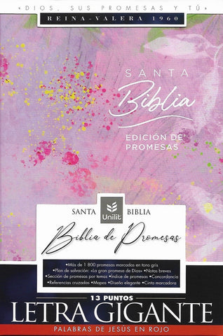 Santa Biblia de Promesas Reina-Valera 1960 / Letra Gigante - 13 Puntos / Piel Especial con Indice / Floral / Lila