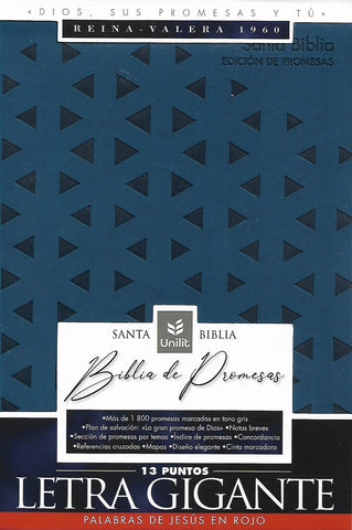 Biblia de Promesas Reina-Valera 1960 / Letra Gigante - 13 Puntos / Piel Especial con Indice / Triángulos / Azul