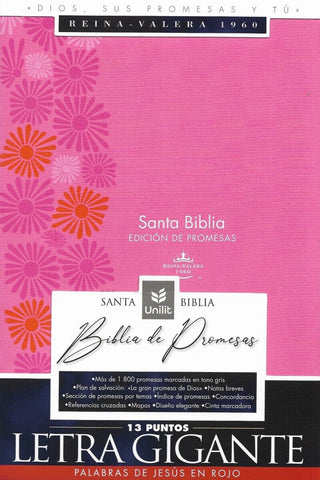 Biblia de Promesas Reina-Valera 1960 / Tamaño Manual / Letra Grande / Piel Especial con Índice y Cierre / Rosa Floral