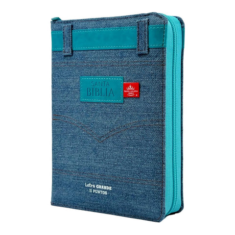 Biblia Reina Valera 1960 tamaño portátil Letra Grande 11 puntos cubierta tela jean con cinturón piel turquesa. Con cierre e índice. Colección Jean.