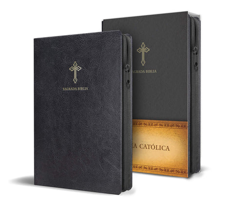 Biblia Católica en español. Símil piel negro, con cremallera, tamaño compacto