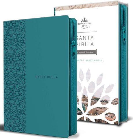 Biblia Reina Valera 1960 letra grande. Símil piel aguamarina, cremallera, tamaño manual
