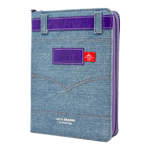 Biblia Reina Valera 1960 tamaño portátil Letra Grande 11 puntos cubierta tela jean con cinturón piel lila. Con cierre e índice. Colección Jean.