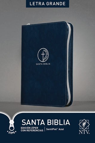 Santa Biblia NTV, Edición zíper con referencias, letra grande Azul y bordado blanco
