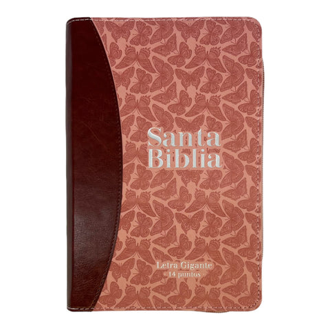 Biblia Reina Valera 1960. Tamaño manual Letra Gigante 14 puntos. Imitación Piel café/ rosa con mariposas. Con cierre y con índice