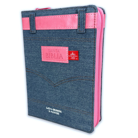 Biblia Reina Valera 1960 tamaño portátil Letra Grande 11 puntos cubierta tela jean con cinturón piel rosa. Con cierre e índice. Colección Jean.