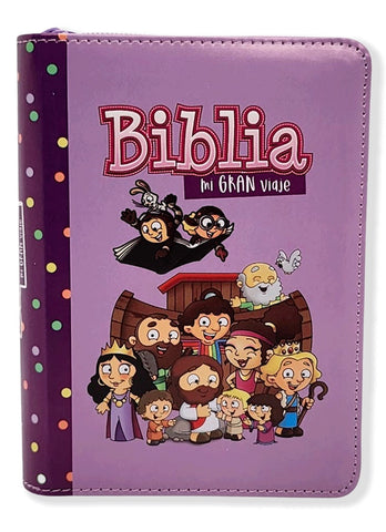 Biblia para niños mi gran viaje Reina-Valera 1960 tamano bolsillo piel lila con cierre ilustrada