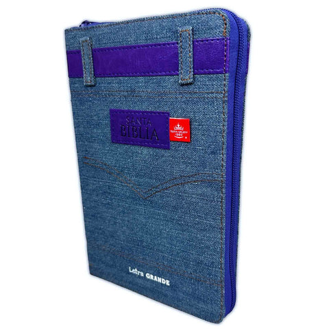 Biblia con Cierre Tela Jean Letra Grande 12 puntos RV1960 cinturón lila con índice