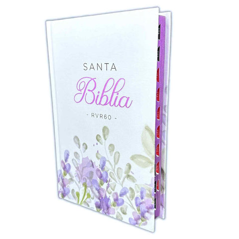 Biblia Reina Valera 1960 tamaño manual Letra Grande 12 puntos. Versículos seguidos. Tela sobre tapa dura. Diseño lavanda con índice