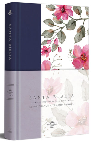 Biblia RVR 1960 letra grande Tapa dura y tela azul con flores tamaño manual