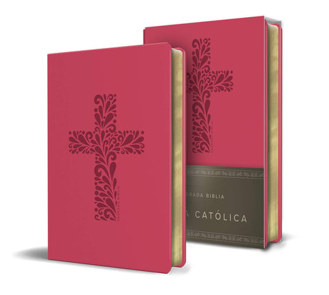 Biblia Católica en español. Símil piel fucsia, tamaño compacto