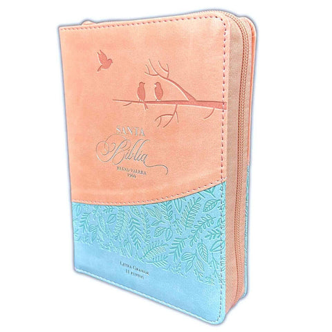 Biblia Reina Valera 1960 Tamaño Portátil Letra Grande 11 Puntos Imitación Piel Rosa/ Azul Pajaros Cierre Indices Cierre e Índice