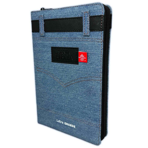 Biblia con Cierre Jean Letra Grande 12 puntas RV1960 cinturón negro con índice