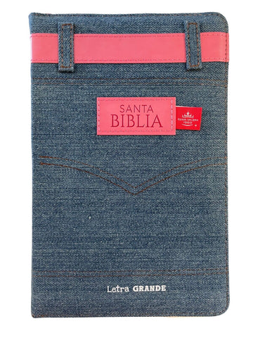 Biblia Reina Valera 1960 tamaño manual letra grande 12 puntos cubierta tela jean con cinturon de piel rosa con cierre y con índice. Colección Jean