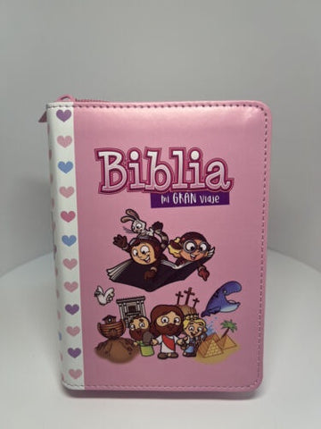 Biblia Reina Valera 1960 para niños Mi gran viaje. Tamaño bolsillo Imitación Piel rosa con cierre