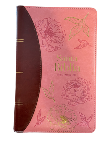 Biblia Reina Valera 1960 tamaño manual letra grande 12 puntos- Imitación Piel rosa/café filigranas primaverales con cierre y con índice. Colección Excelencia